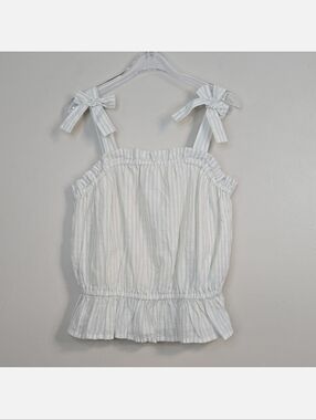 Gap Kids White & Blue Striped Ruffled Peplum Tank W/ Bow Straps, Size 8 ~ EUC
